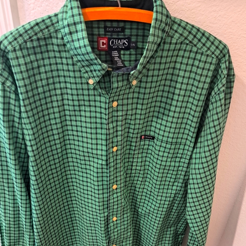 Chaps Green Casual Button Down Shirt Classic Checkered Design